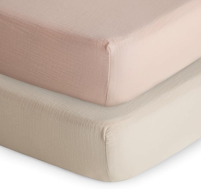 mushie Extra Soft Muslin Fitted Crib Sheet 2-Pack | 192 Thread Count | 28"x 52" (Blush/Fog)