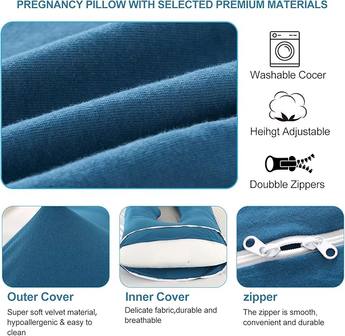 Pregnancy Pillow J-Shaped Full Body Pillow,59 inch with Jersey Cover Easy to Remove and Wash, Support Pregnant Women's Backs Legs and HIPS, Improve Sleep,Pregnancy Pillow for Women ，Dark Blue