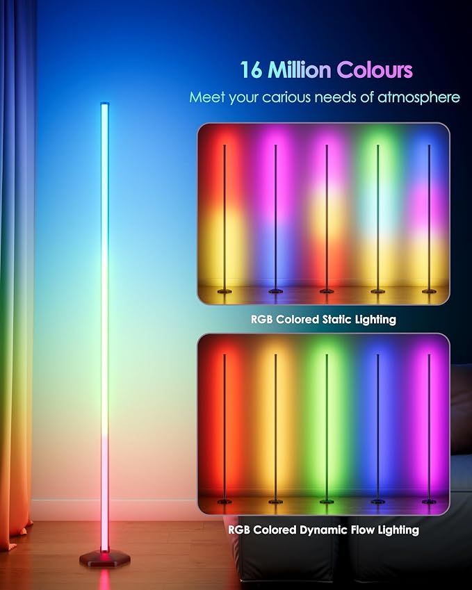 Smart RGB LED Corner Floor Lamp with App and Remote Control, 65" Color Changing Standing Lamp with Music Sync and 16 Million DIY Colors, Modern Floor Lamps for Bedroom Living Room Gaming Rooms