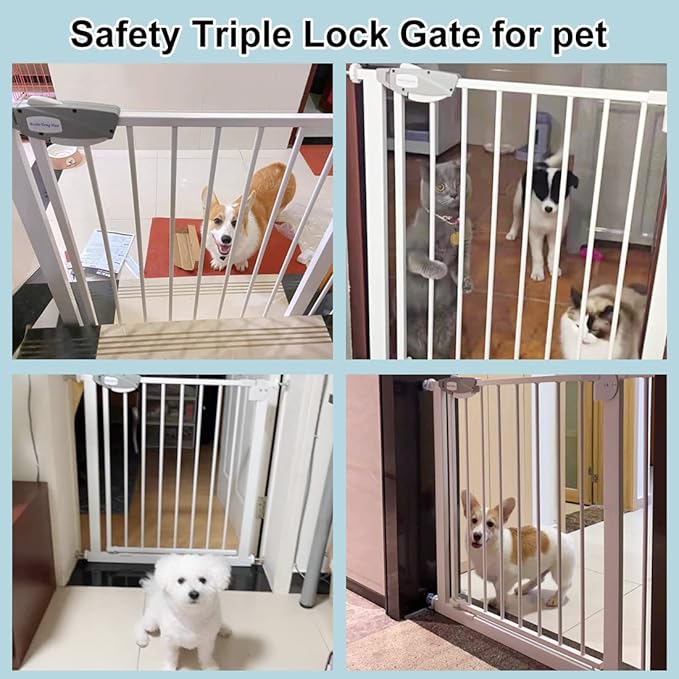 WAOWAO Triple Lock Baby Gate Extra Wide 31.1-35.04" Pressure Mounted Walk Through Swing Auto Close Safety White Metal Dog Pet Puppy for Stairs,Doorways,Kitchen
