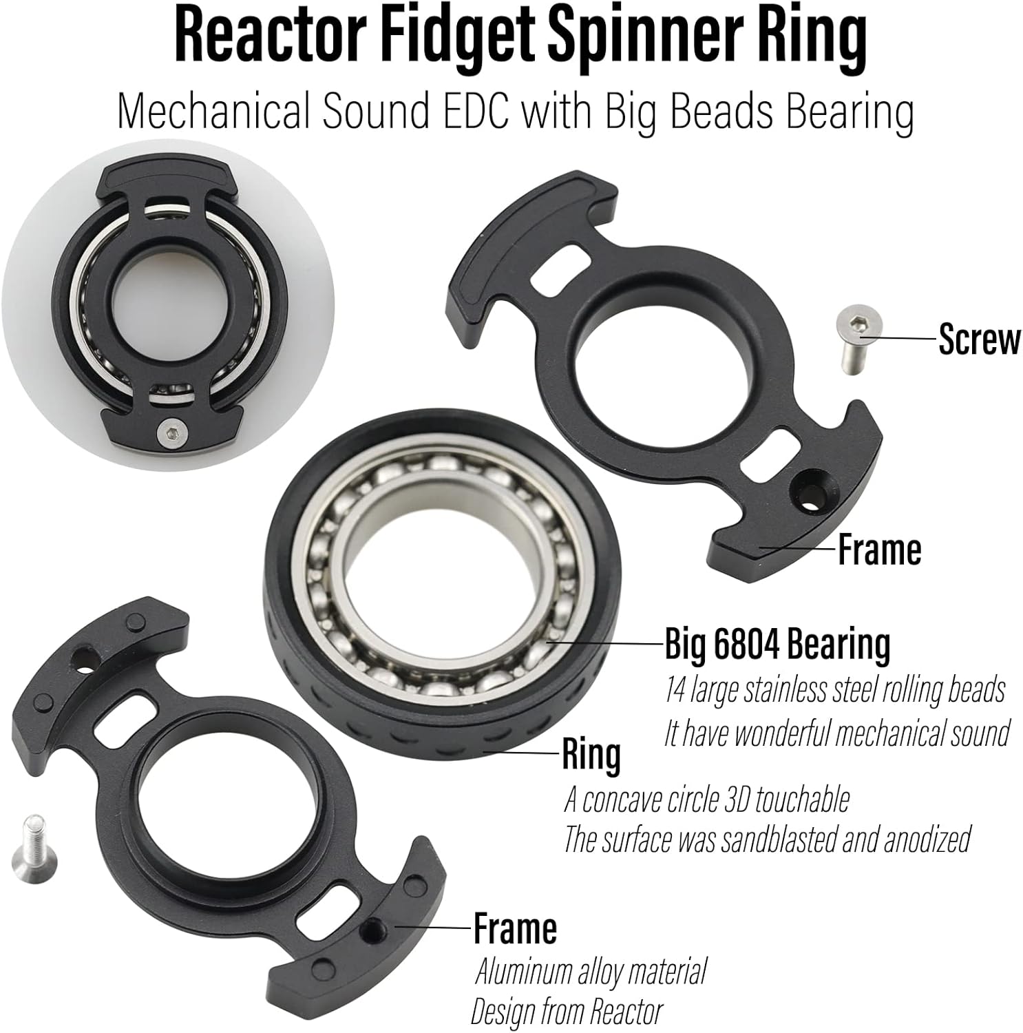 FREELOVE Ring Fidget Spinner for Adults, Men Finger Haptic Roller, Small Metal Clicker Toys, Ball Bearing, Black Fingears Spinning EDC for Anxiety Stress