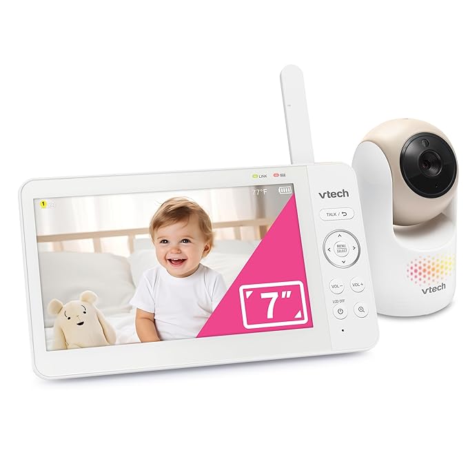 VTech Video Baby Monitor with 7" Color LCD Screen, Rechargeable Battery, Video Streaming, Audio Streaming, Pan-Tilt-Zoom, Touch Multi-Color Night Light, Two-Way Talk, Long Range: Advanced Max Tan