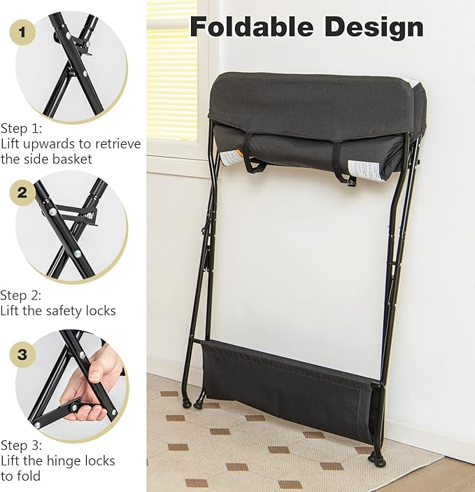 INFANS Baby Changing Table, Folding Diaper Station Portable Nursery Organizer with Safety Belt and Large Storage Racks for Newborn Baby and Infant (Black)