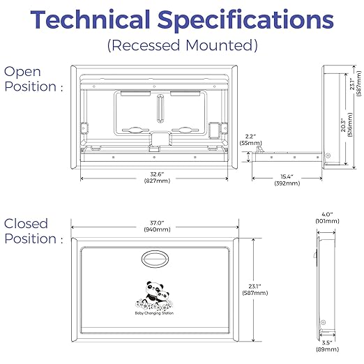 Panda Care Stainless Steel Recessed Mounted Baby Changing Station, Heavy Duty Foldable Diaper Changing Table with Liner Dispenser and Adjustable Safety Belt for Commercial and Business
