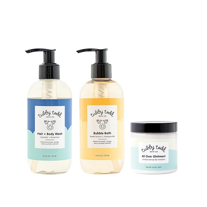 TUBBY TODD Essentials Baby Bath Gift Set – 8.5oz Hair+Body Wash, 8.5oz Bubble Bath & 3.5oz All Over Ointment