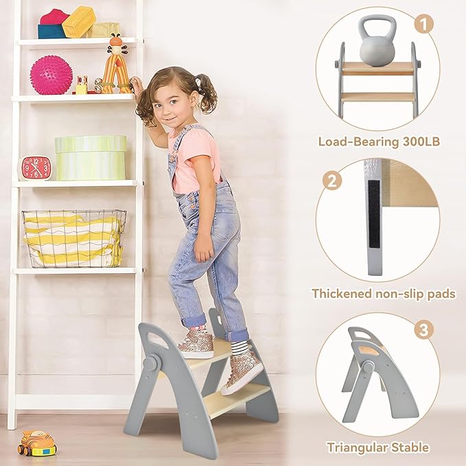 Wooden 2 Step Stool for Kids Bathroom Sink Foldable Anti-Slip 2-Step for Toilet Potty Training, Child Stepping Stool for Kitchen Nursery Bedroom, Sturdy Non Slip Adult Stool for Closet Grey