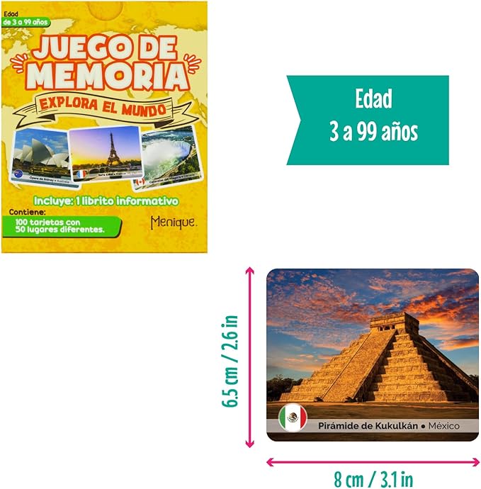 Menique Explore The World Memory Matching Game – Spanish Edition – 100 Cards (50 Pairs) with Iconic Landmarks, Country & Flag – Educational Geography Game in Spanish.