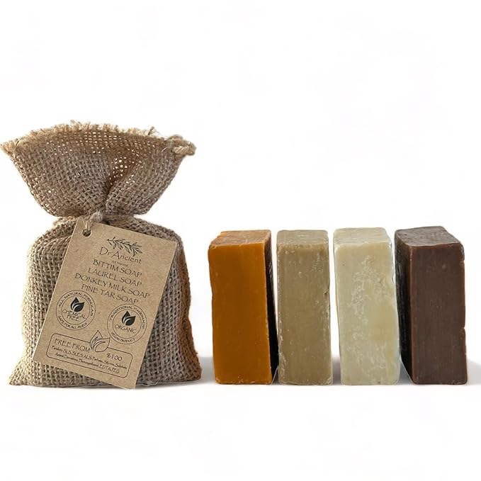Dr. Ancient Natural Handmade Soap Set - Donkey Milk, Pine Tar, Aleppo Laurel & Bittim - Traditional, Chemical-Free Skincare for Face & Body
