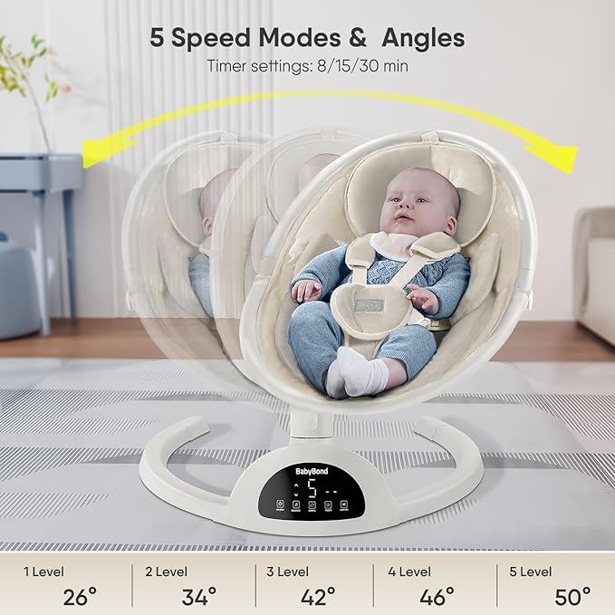 BabyBond Baby Swings for Infants, Bluetooth Infant Swing with Music Speaker, 3 Seat Positions, 5 Point Harness Belt, 5 Speeds and Remote Control - Portable Baby Swing for Indoor and Outdoor (Beige)