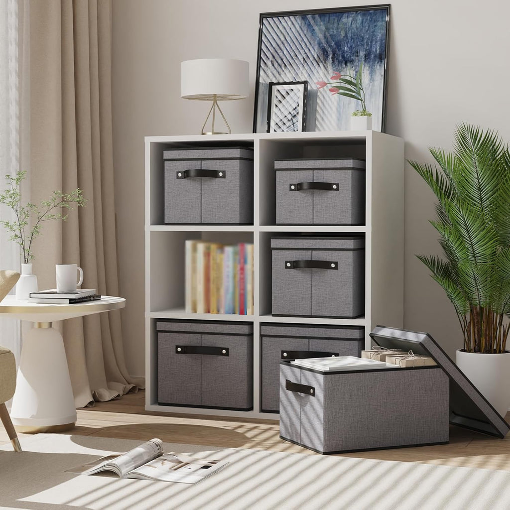 Clothing Storage Bins, Blanket Baskets for Shelves, Fabric Cubes with Handles and Lids, Decorative Linen Closet Organizers Boxes, Gray, 3 Pack, 16.5 x 11.8 x 10.2 Inch