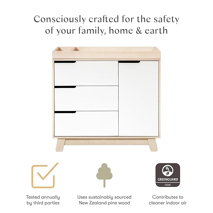 Babyletto Hudson 3-Drawer Changer Dresser with Removable Changing Tray in Washed Natural and White, Greenguard Gold Certified