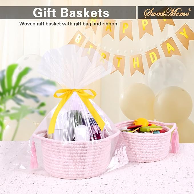 Small Cute Empty Gift Basket Little Woven Rope Organizer Baskets for Baby Shower Gifting, Makeup Brushes Holder, Bathroom- Decorative Vanity Storage Bins - 2 Pack, Pre-Shaped, Pastel Pink