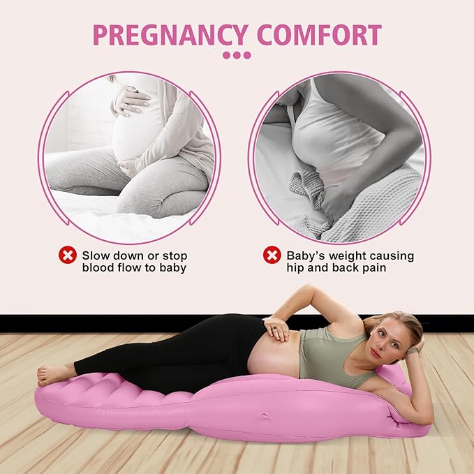 Pregnancy Blow Up Pillow, Belly Mattress for Pregnant Women with Electric Pump, Full Body Maternity Airbed with Hole for Stomach Sleeping, Back Pain & SPD Relief, Pink