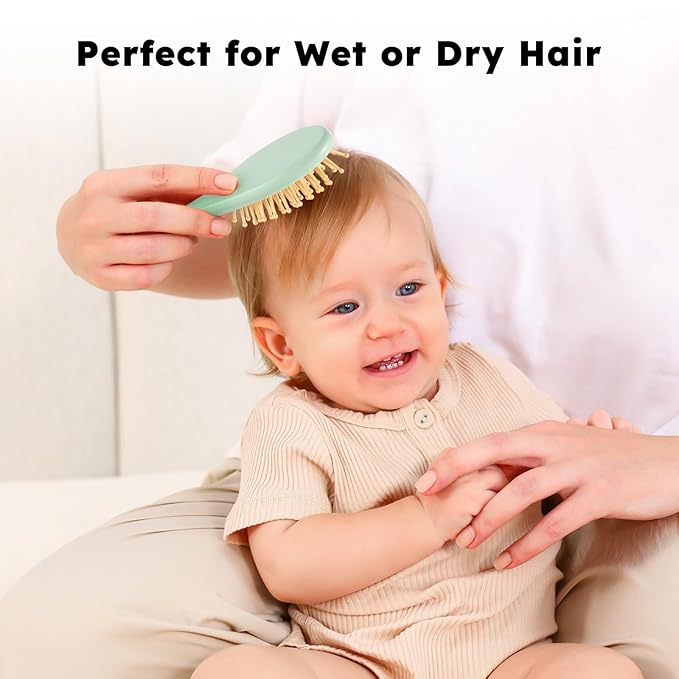 Yoofoss 4 Piece Baby Hair Brush and Comb Set，Wooden Baby Hair Brush with Natural Ultra Soft Goat Hair, Baby Comb Set for Boy, Girl - Green