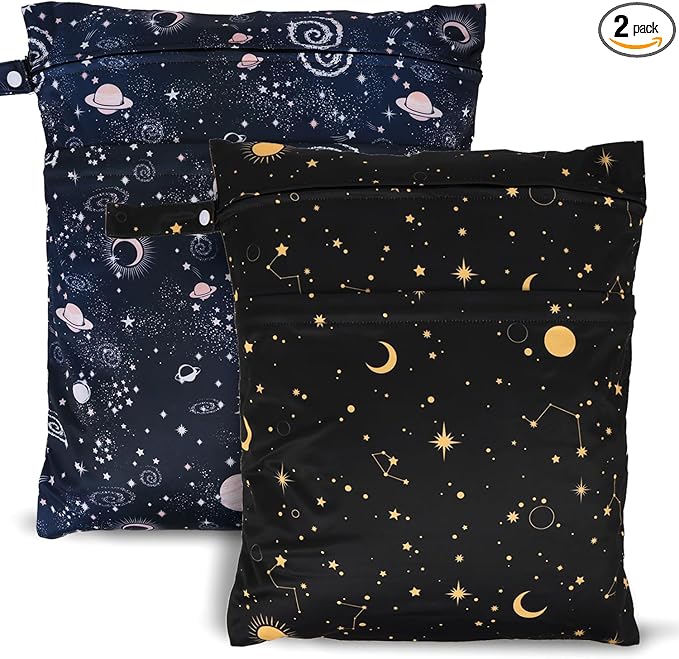 2pcs Travel Waterproof Laundry Bag, Cloth Diaper Wet Dry Bags with Handle & 2 Zipper Pockets, Reusable Washable Dirty Clothes Bag for Baby Adult Travelling Hanging, Bathing Beach Pool Daycare