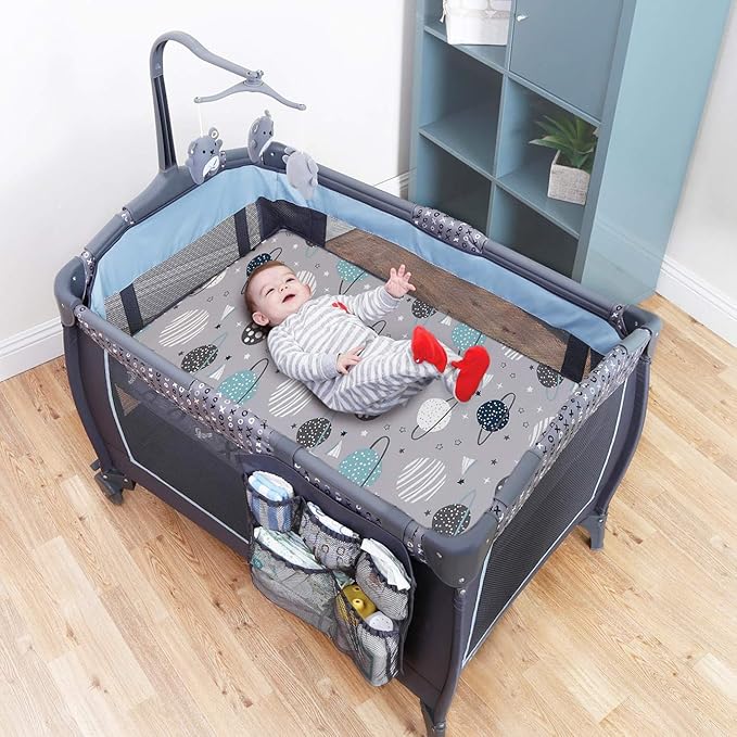 Pack n Play Stretchy Fitted Playard Sheet Set BROLEX 2 Pack Portable Mini Crib Sheets,Convertible Playard Mattress Cover,Ultra Soft Material，Space Planet