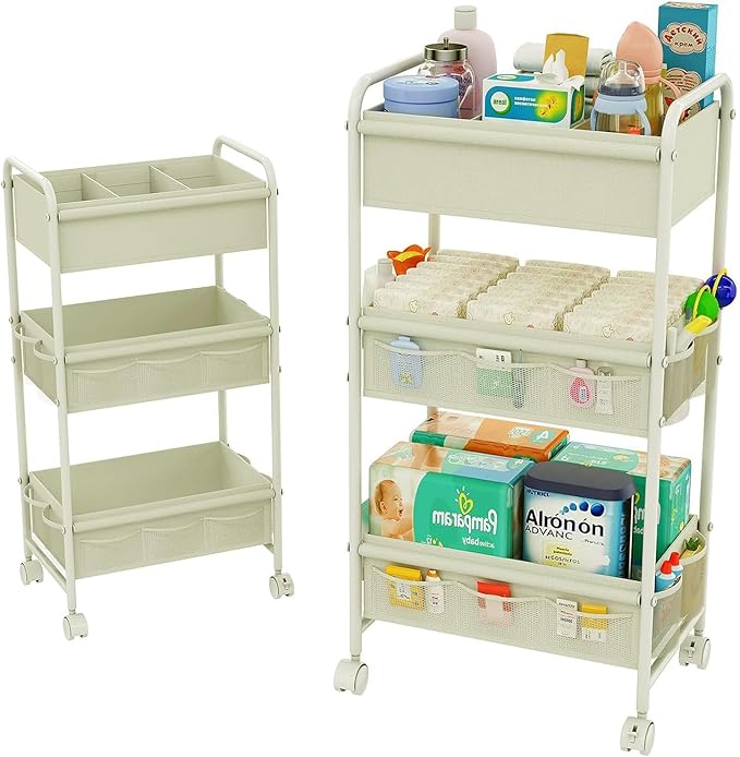 3-Tier Baby Diaper Caddy Cart Organizer,Mobile Nursery Storage Cart with Wheels，With 2 Dividers & 14 Mesh Pockets Durable Metal Utility Cart for Nursery, Bedroom, Bathroom Essentials Organization