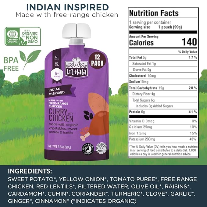 Li’l Hala Curry Chicken Baby Food Pouches – Free-Range Chicken & Organic Veggies – Protein & Healthy Fats – Toddler Meat Puree Meals for 6+ Months – No Hormones – 3.5 oz (12 Pack)
