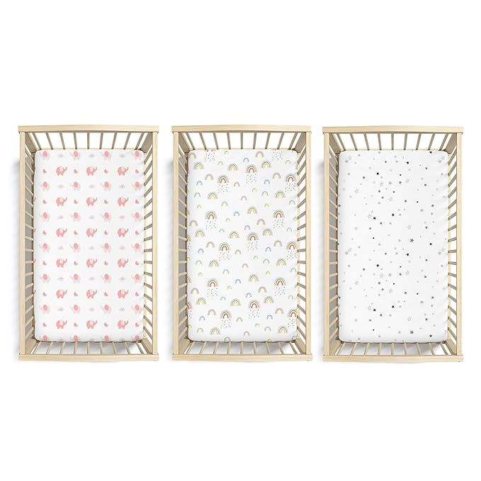 Plushii Crib Sheets for Baby Girls 3 Pack, 28"x 52" Extra Soft Microfiber Crib Sheet Set for Baby Crib Mattress Sheet & Toddler Mattress Pad, Rainbow & Elephant & Stars