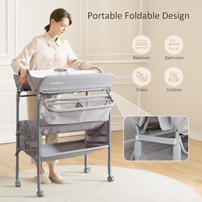 Baby Changing Table with Wheels, Maydolly Portable Foldable Changing Table, Waterproof Diaper Changing Station, Adjustable Height Changing Station, Mobile Nursery for Newborn and Infant (Grey)