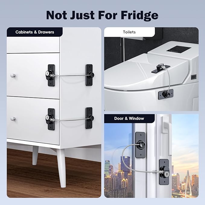 2 Pack Refrigerator Door Lock with Adhesive, No Tools Required, Child Proof Fridge Door Lock for Kids and Pets, Self Adhesive Latch for Freezer, Cabinets, Drawers, Air Oven, Windows (Patent)