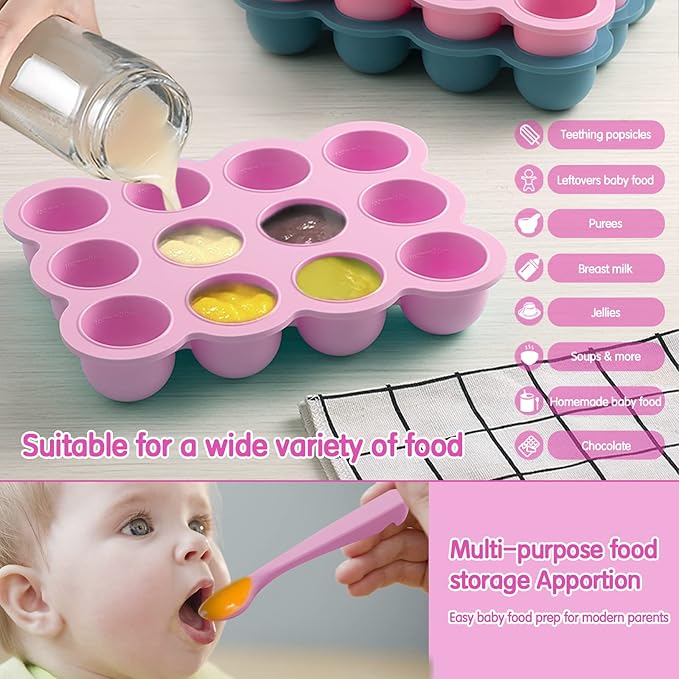 Baby Food Storage 12 x 1.5OZ Silicone Freezer Tray with Lid, Food Grade Silicone Containers for Purees & Vegetables Pink