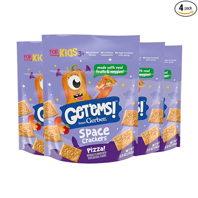 Get'ems! from Gerber, Snacks for Kids, Pizza Space Crackers, Made with Real Veggies & Fruits, Iron & Vitamin E - 4 pack