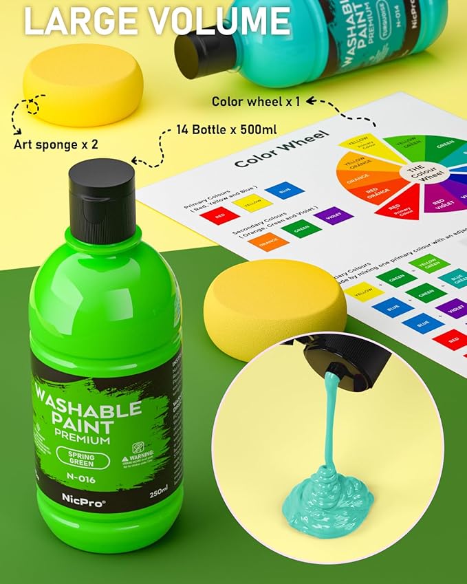 Nicpro 18 Colors Large Washable Paint Set for Kid (8.4oz,250 ml), Acrylic Bulk Paint Supplies Non Toxic Children Tempera Paint for Art, Craft DIY, Poster & Finger Paint, School, Home,Classroom, Party