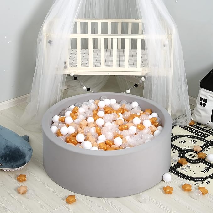 GOGOSO Ball Pit Balls with Starballs 100 - Crushproof Plasticballs for Babies Toddlers Kids Children for 1 2 3 4 5 Years Old,5 Colors,2.15inches, Beige Gold White Clear