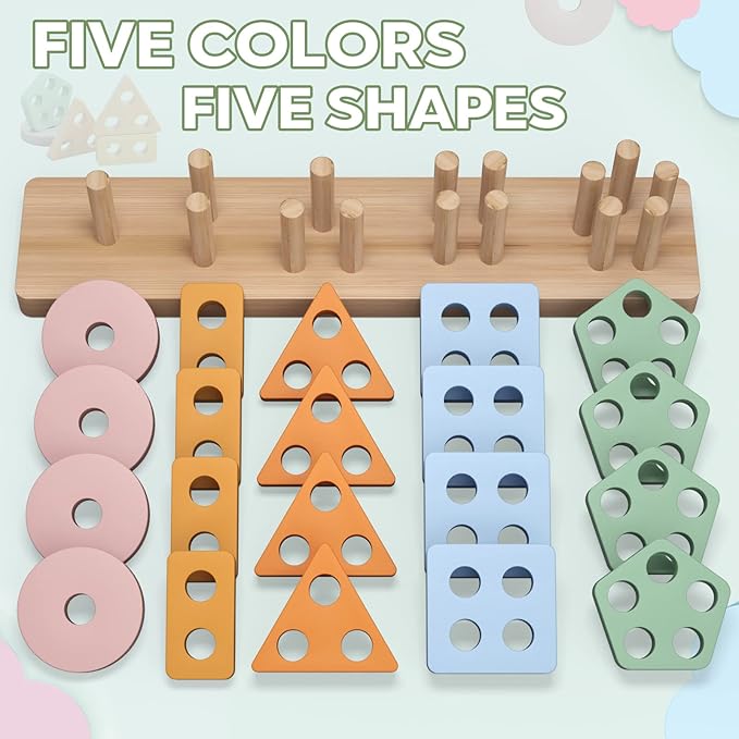 PEBIRA Montessori Toys for 1 2 Year Old, Wooden Sorting and Stacking Toys for Toddlers, Baby Shape Sorter and Color Stacker Blocks for Toddler, Preschool Learning Toy, Gift for 12-18 Month Boys Girls