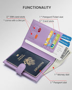 RFID Passport Holder Travel Wallet for Women, Leather Passport Cover Wallet with Card Holders SIM Slots,Zippered Coins Pocket and Cash Slot Slim Compact Travel Wallet (Taro Purple)