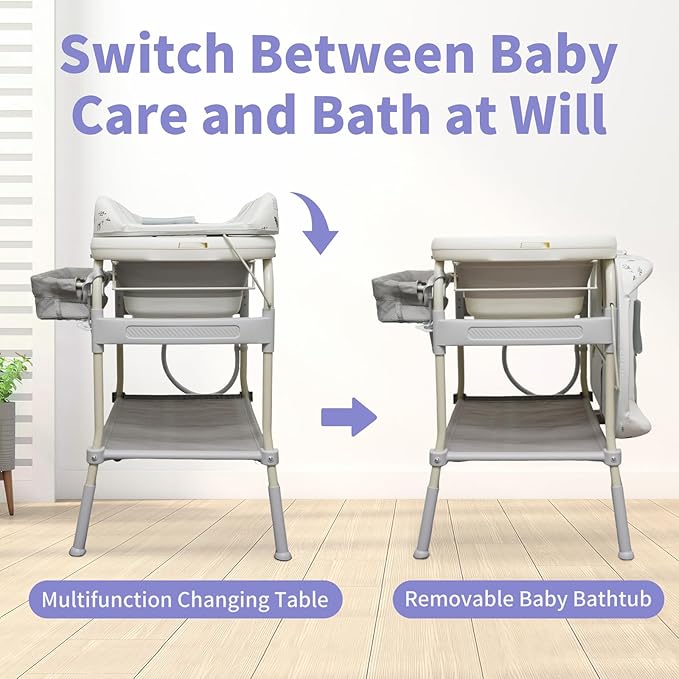 2 in 1 Baby Bathtub with Changing Table, DEYGIA Waterproof Diaper Changing Station Portable Changing Table Adjustable Height Nursery Organizer with Storage Racks for Newborn Infant Toddler