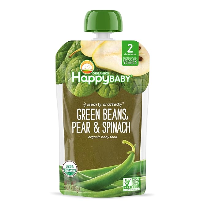Happy Baby Organics Stage 2 Baby Food Pouches, Gluten Free, Vegan & Healthy Snack, Clearly Crafted Fruit & Veggie Puree, Green Beans, Pears & Spinach, 4 Ounces (Pack of 16)