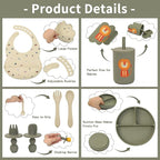 Silicone Baby Feeding Set, Baby Led Weaning Supplies, Baby Spoons Suction Divided Plate Bib Cup, First Stage Solid Food Eating Utensils - 6+ Months(Green-Beige)