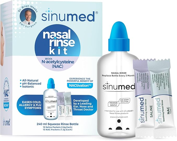 Sinus Rinse, 30PK Nasal Rinse Packets with NAC and Saline, Squeeze Bottle, Alternative to Neti Pot, Helps with Allergy, Congestion, Cold Symptoms