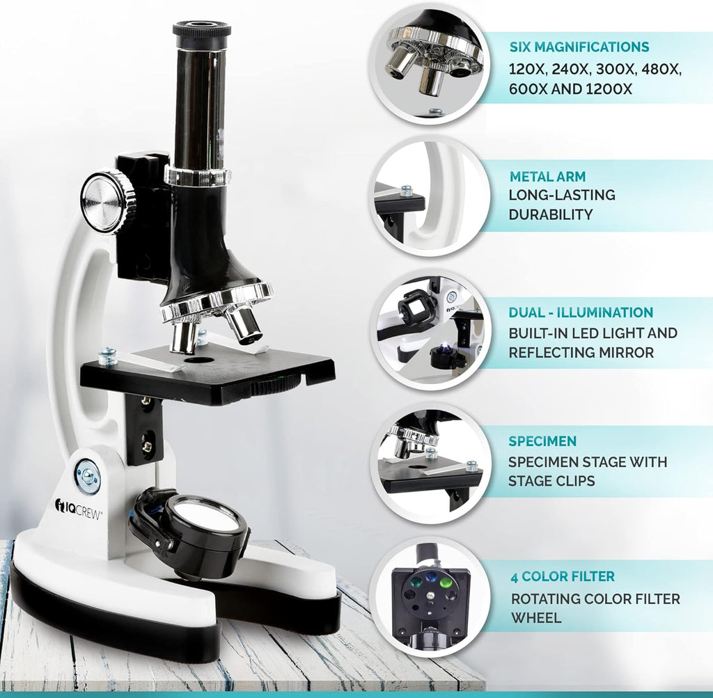 AMSCOPE-Kids 120X-1200X White Metal Arm Starter Kids Student Microscope Kit and Compact Refractor Telescope with Tripod - M30-ABS-KT2-W-TKVB1