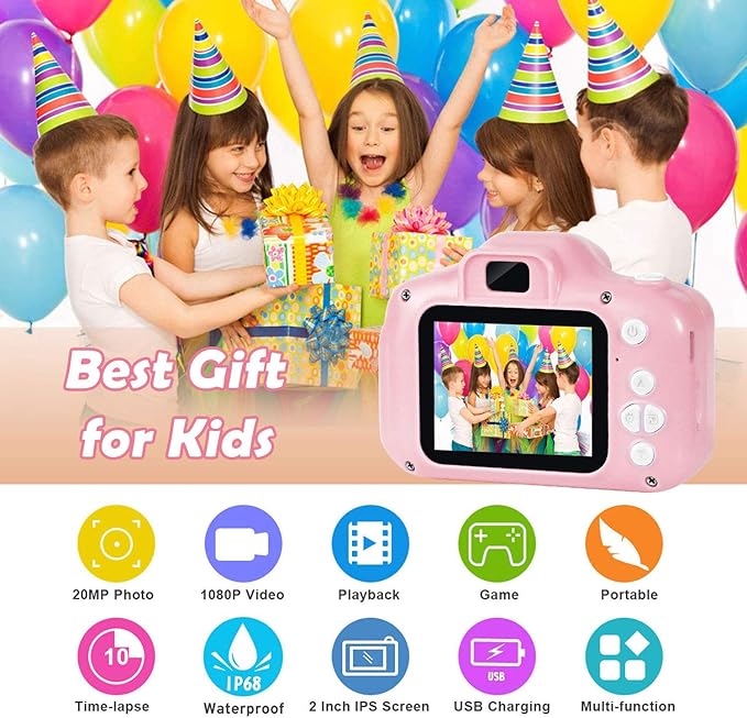 Agoigo Kids Waterproof Camera - Children Underwater HD Video Digital Camcorder, Portable Travel Toy for Toddler - Ideal Christmas Birthday Gifts for Boys Girls Age 3-12 with 32GB Card (Pink)