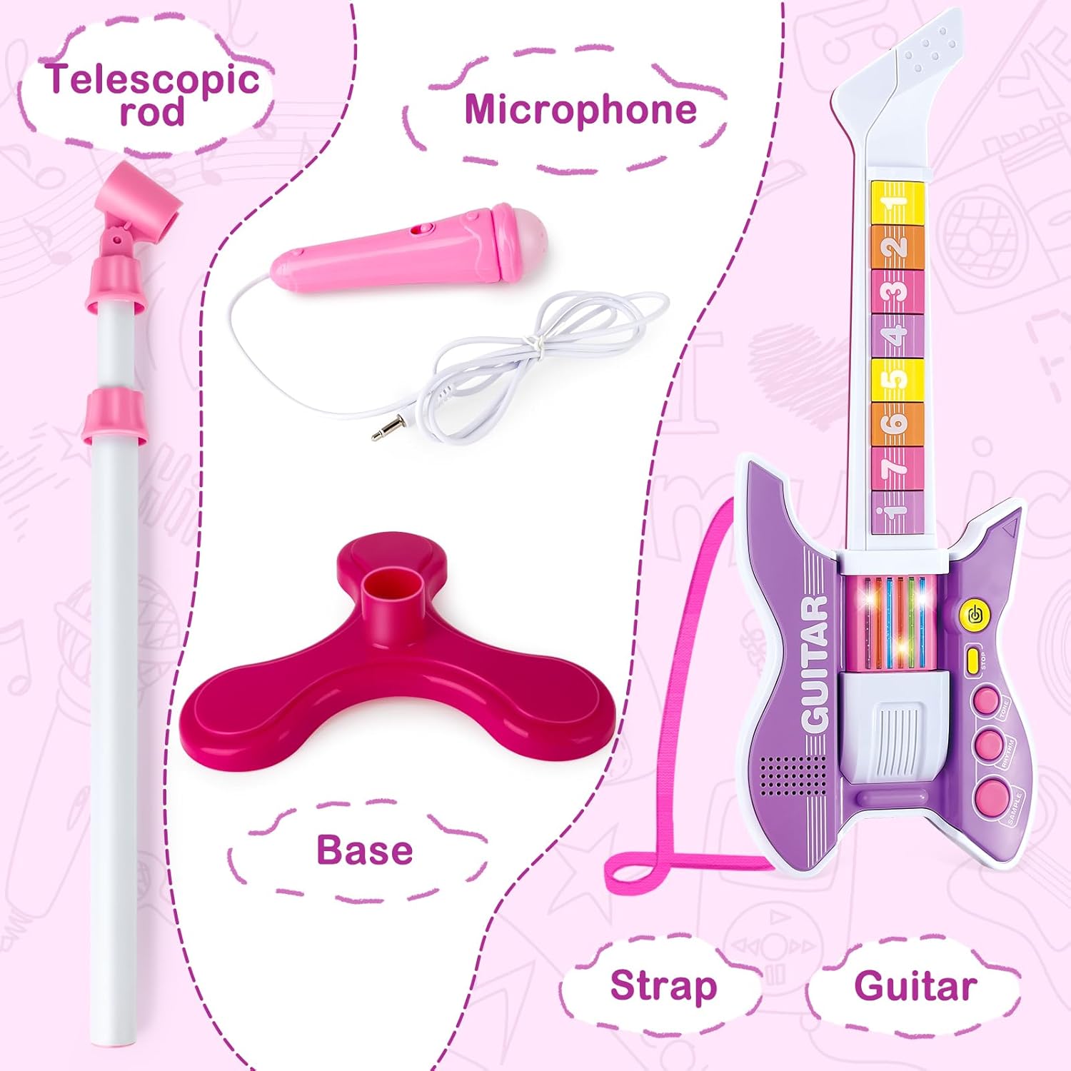 deAO Kids Guitar and Microphone Set with Stand Adjustable Height Music Light Karaoke Music Toys Christmas Birthday Gift for Kids Boys Girls (Purple)