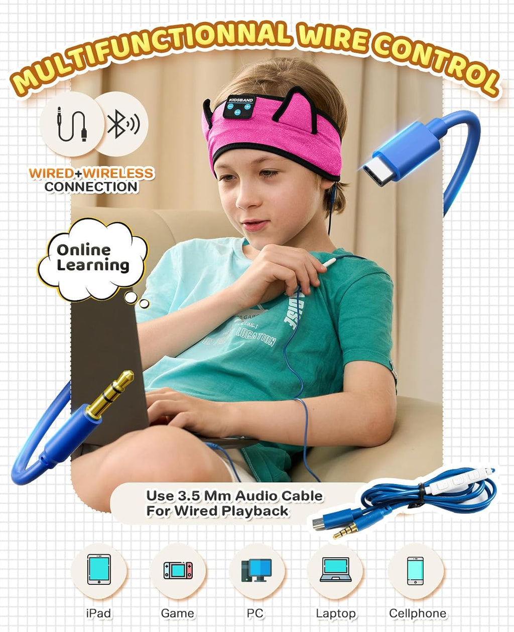 KIDSBAND Kids Headband Headphones, Baby Headphones, Wireless and Wired Playback 3.5 MM Jack for School, Foldable Adjustable Children Headset for Girls Boys,Kindle Tablet Cellphones Airplane Travel