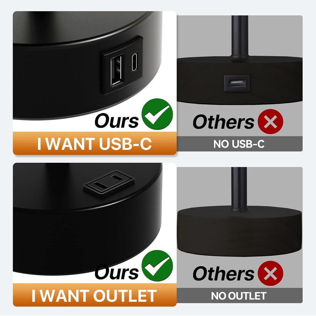 KPQ Small Bedside Lamp Touch Control Table Lamp with USB A+C Charging Ports & AC Outlet 3-Way Dimmable Nightstand Lamp with Linen Fabric Shade for Bedroom Living Room