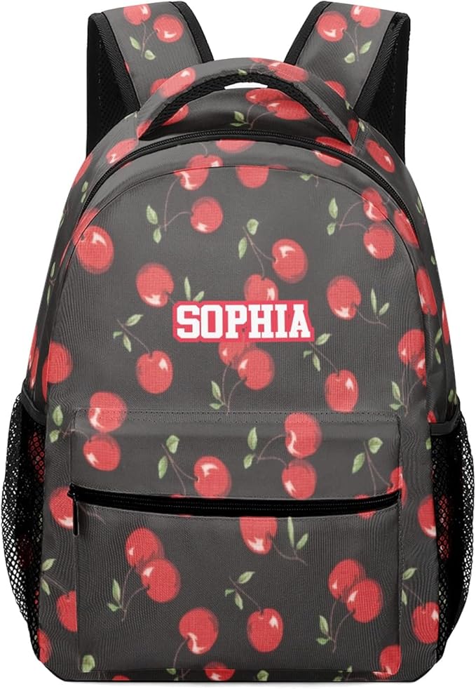 Red Cartoon Cherry Custom Kids Backpack 16.5 Inch for Boy Girl, Personalized Waterproof Child School Travel Bag with Name