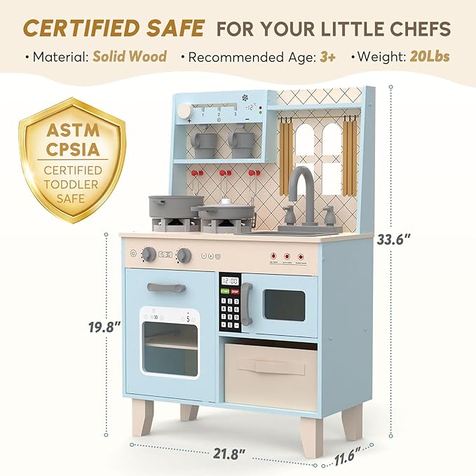 BIERUM Play Kitchen with Realistic Lights & Sounds, Wooden Kitchen Playset Chef Pretend Play Set for Toddlers, Toy Kitchen with 26 Pcs Toy Food & Cookware Accessories, Gift for Ages 3+