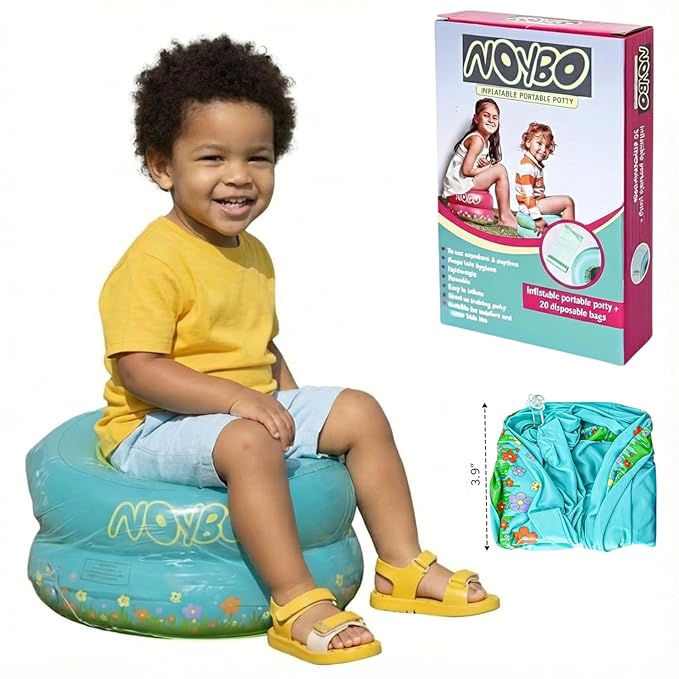 Travel Potty Seat for Toddlers - Inflatable Portable Toilet Kids Chair, Foldable Compact Lightweight Potty for Camping Road Trips, Outdoor Car Travel, Holds 66 lbs and 20 Durable Disposable Bags