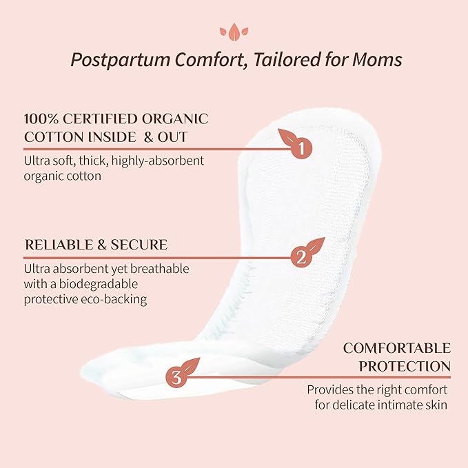 Organyc Hospital Postpartum Pads, 100% Certified Organic Cotton Inside and Out for Women, for First Days After Delivery, 12 Counts