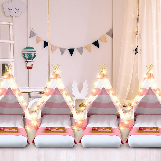 6 Pack Sleepovers Teepee Tent for Kids Bulk with Mattress Sheet Light,Natural Cotton Washable Indoor Play Tent for Birthday Slumber Party Girls Boys Pajama Movie Night Supplies(Pink, White)