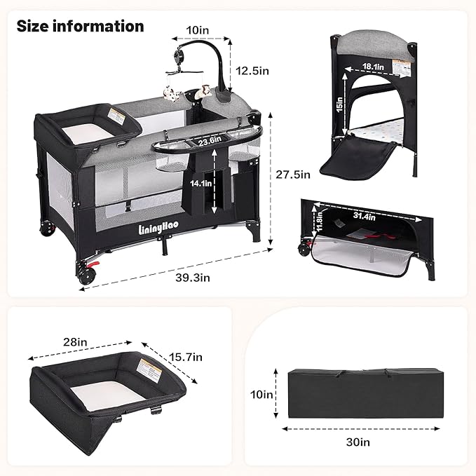 4 in 1 Height Adjustable Baby Playard, Foldable Nursery Center with Music Box Toy Rack, Side Storage, Changing Table, Large Portable Playpen for Newborns and Toddlers（Gray）