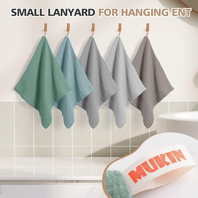 MUKIN Baby Washcloths,Muslin Burp Cloths Towels for Newborns,Absorbent Cotton Bath Face Towel ，5 Pack, 12x12 Inches (Coastal Calm)