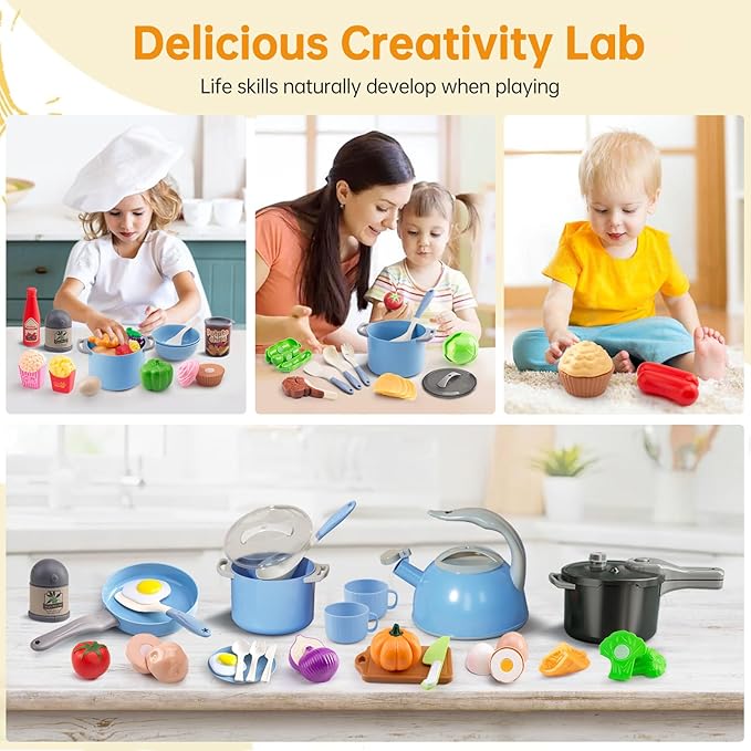 100Pcs Kitchen Playset, Kids Pretend Cooking Play Pots, Pans, Utensils, Cookware, Toy Food Fruits Veggies, with 2 Large Apple - Shaped Storage, Toddler Cooking Learning Gift (Blue