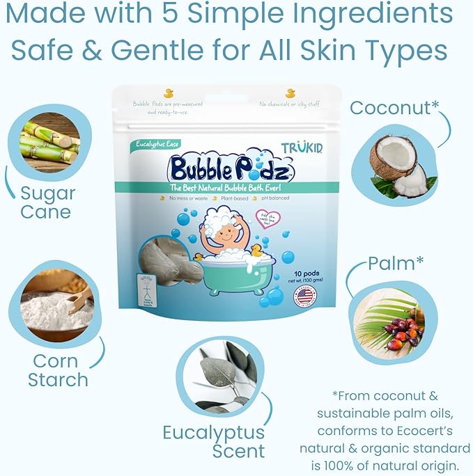 TruKid Eucalyptus Bubble Podz & BubbleGlove Set – Bubble Bath Pods and 2 Wash Gloves for Sensitive Skin