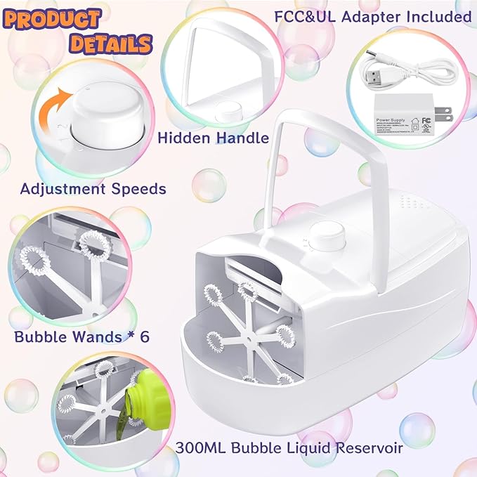 Bubble Machine, Automatic Bubble Blower for Kids, 18000+ Bubbles Per Minute with 2 Speed Settings, Battery/USB Powered Bubble Maker for Toddlers, Outdoor Birthday Parties, Weddings (White)